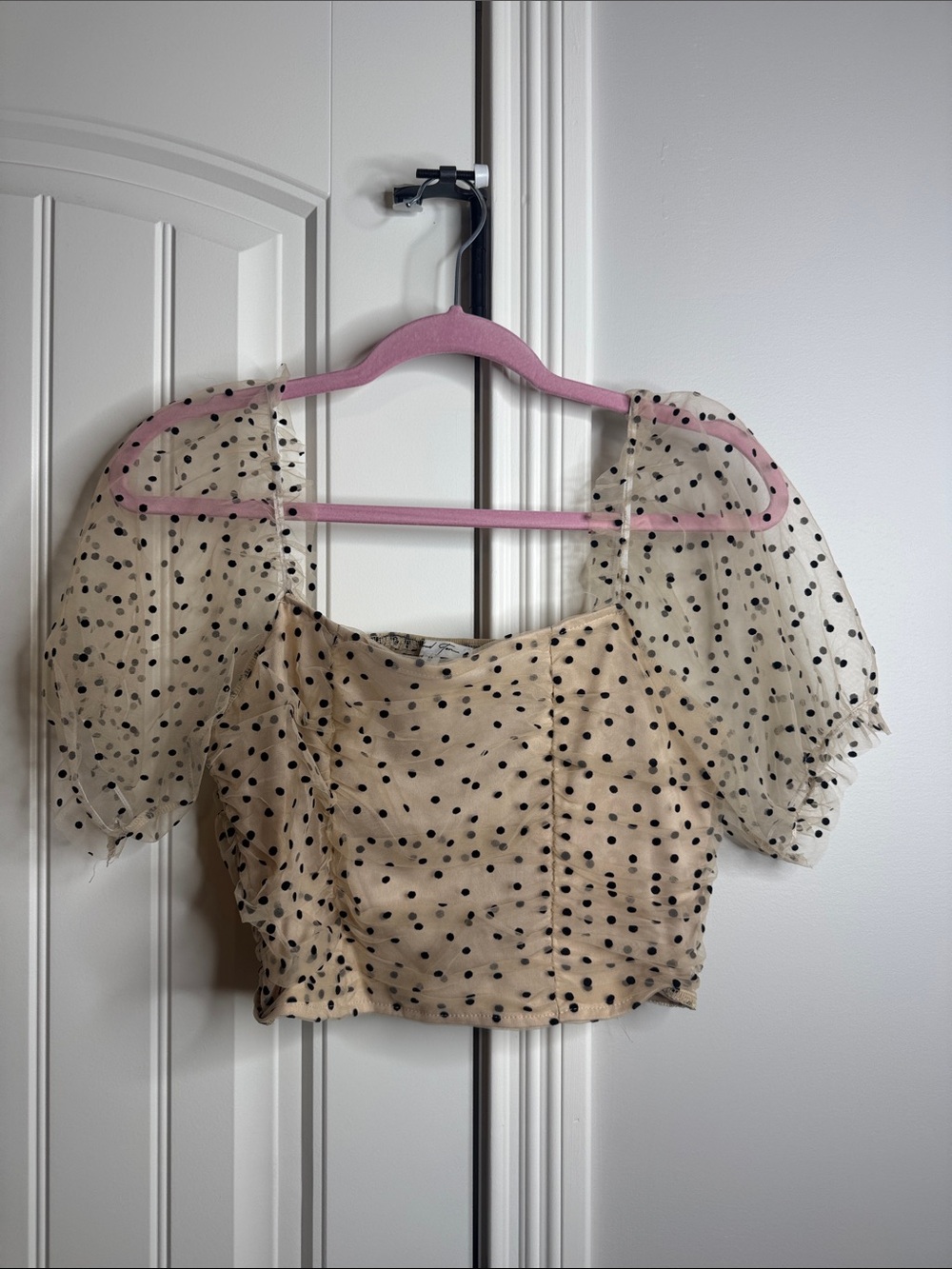 Beige Polka Dot Puff Sleeve Crop Top